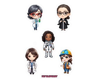 Kawaii Working Women Sticker Sheet - Astronaut, Judge, Construction Worker, Doctor, Scientist Vinyl Stickers - Kawaii Anime Stickers