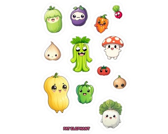 Cute Vegetable Characters Sticker Sheet - Set of 12 Kawaii Vinyl Decals - Perfect for Laptops, Journals and Planners