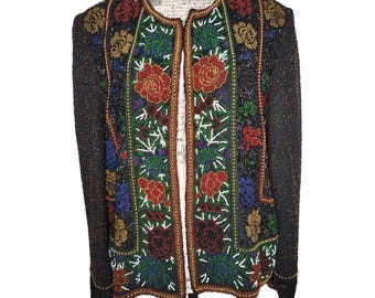 Vintage Large Papell Boutique Evening Floral Beaded Evening Jacket, Flower, Formal, Wedding