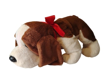 Vintage 90s Shilla Floppy Plush Brown Puppy Dog Lays Flat  Vintage 90s Shilla Floppy Plush Brown Puppy Dog Lays Flat Stuffed Toy w Blue Bow main image 0