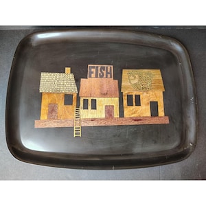 Vintage MCM Couroc Monterey Black Inlaid Tray Fishing Market Wood Brass Inlay