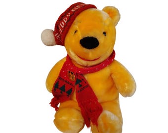 Vintage Disney World First Annual Teddy Bear Convention Winnie the Pooh Plush, Enamel Pin, Sweater Santa Hat