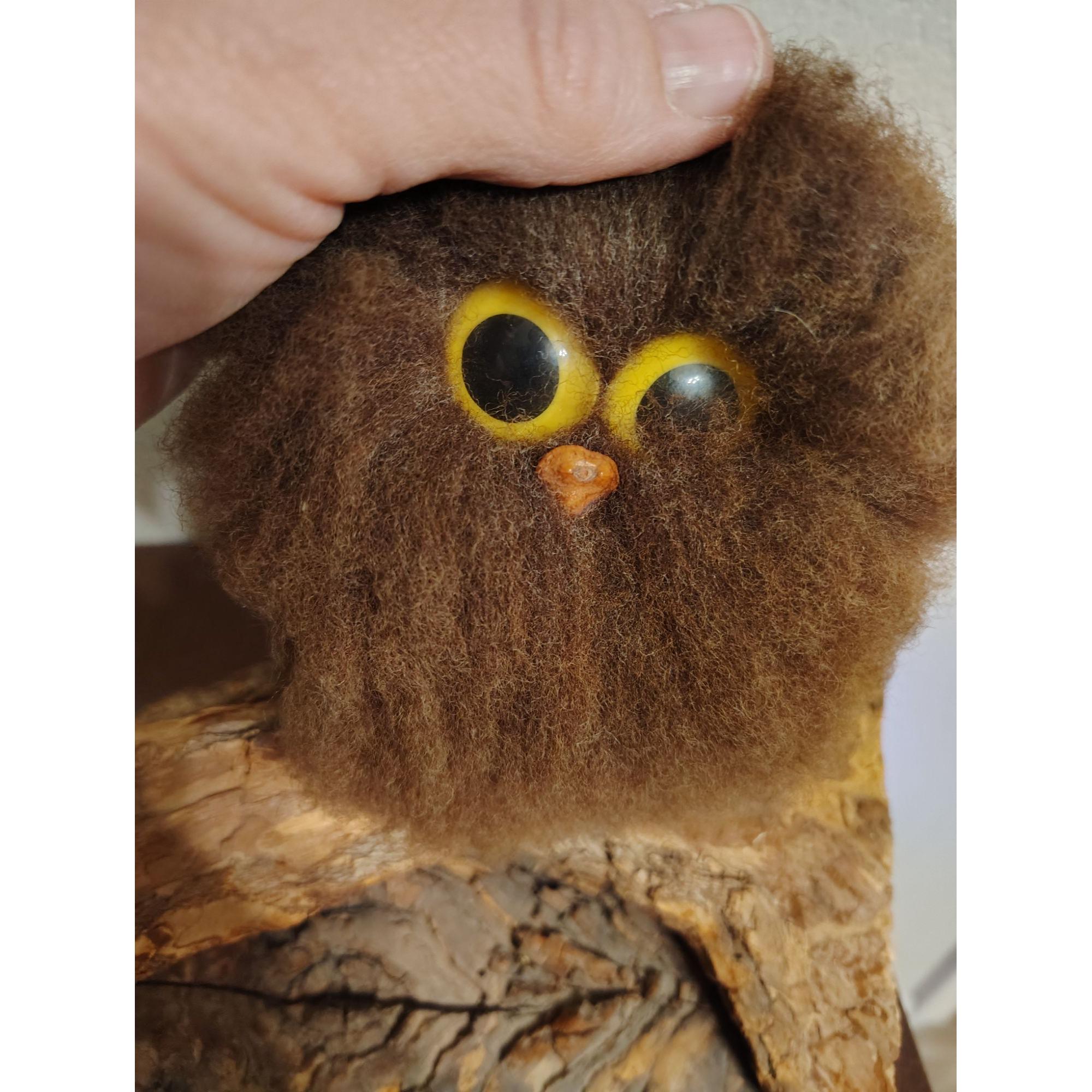 Vintage Wooly Whooos Furry Wool Brown Owl, Burl Wood Sculpture Sandy Finch Kitsch Decor