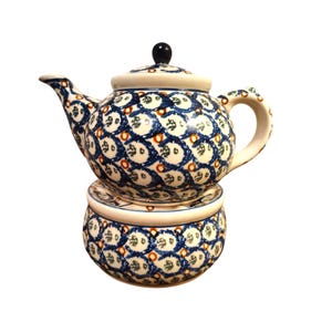 Boleslawiec Polish Pottery Lidded Tea Pot with Warmer Poland, Ceramic Blue Green