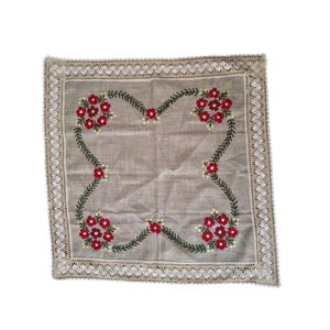 Embroidered Square Table Cloth, Red Yellow Flower, Crochet Trim, Cottagecore, Country