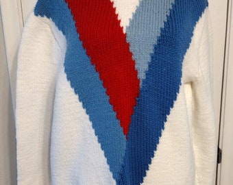 Vintage handgebreide trui, handgemaakte jaren 1980, rood, wit, blauw, vreemdere dingen