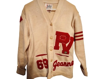 Cardigan vintage Whiting Los Angeles Letterman color crema e rosso, anni '60 Jeanne PV, GAA, taglia media, LEGGERE