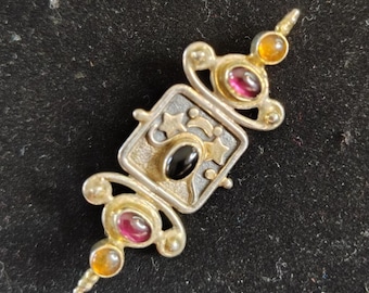 Sterling Amethyst Amber Onyx Brooch Pin, Pendant Moon Stars Silver Celestial Artsy Boho