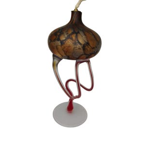 Handblown M. Rynkiewicz Jellyfish Glass Oil Lamp Frosted Signed, Poland , Orange Black Swirl, Red Stem