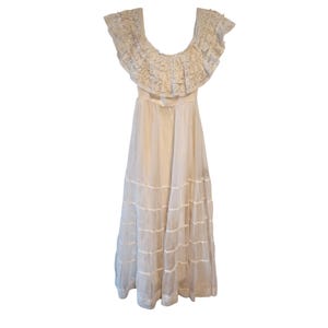 Vintage Lorrie Deb Off White Lace Chiffon Ruffle Lace Dress, Union Made, Romantic READ