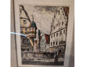 Vintage inramad Sankt Georgsfontän Rothenburg Tyskland Etsning väggkonst, signerad