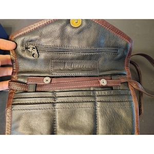 Monedero vintage J. Duseri Rainguard de piel marrón y negro con cierre a presión y cremallera, tarjetero múltiple
