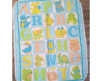 Vintage Hand Made Quilted Baby Crib Blanket, ABC's, Animals Pastel, Ric Rac, Blue Check