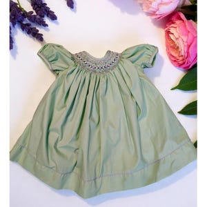 Hand Smocked Peter Pan Collar Dress In Green - Pepa London