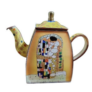 Trade Plus Aid Miniature Enamel on Copper Teapot, G. Klimt The Kiss Art, Numbered