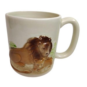 Vintage Otagiri Lion and Cub Coffee Cup Mug, 3D, Handpainted Ceramic Pottery, 1981
