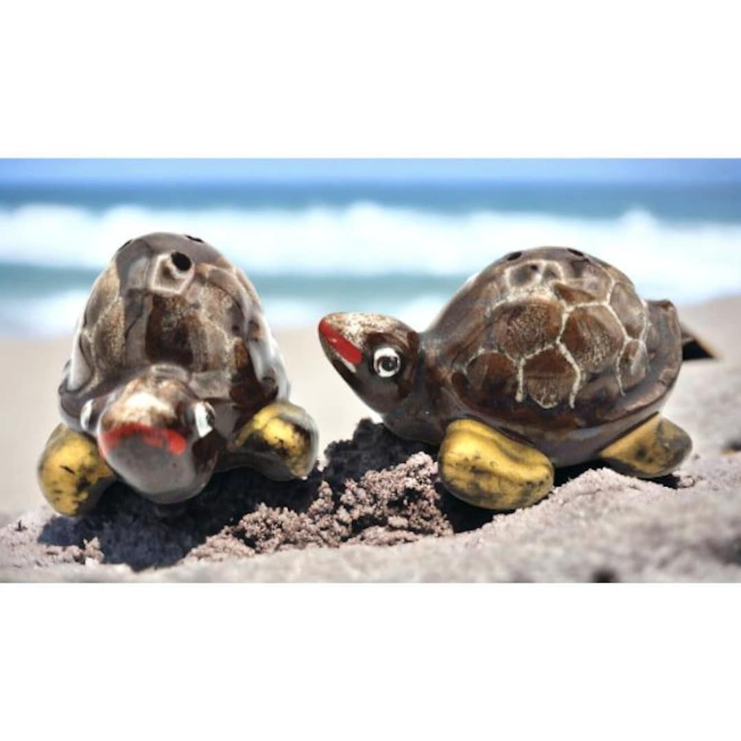 Vintage Turtle Tortoise Brown Salt & Pepper Shakers, Pottery, W