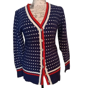 Vintage Kimlon Small Cardigan Sweater, Navy Blue, White Red Stripe, Button Front Preppy