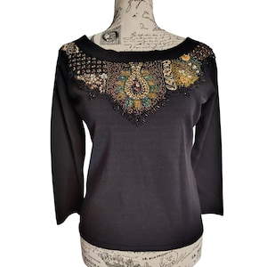 Vintage Diva by Embex Heavily Beaded Black Sweater Top, Elegant, 3/4 Sleeve, Size Large, READ