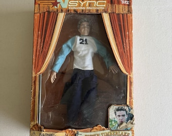 2000 NSYNC Justin Timberlake samlardocka med marionett och stativ, lådan är skadad