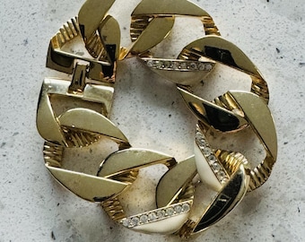 Vintage Givenchy Paris Chunky guldfärgad vit emalj strass armband