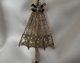 Vintage 1928 Elegant guldfärgad svart emalj filigran viktoriansk paraplybrosch