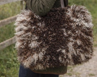 Handmade Gotland Shearling Tote Bag – Dark Brown & Beige