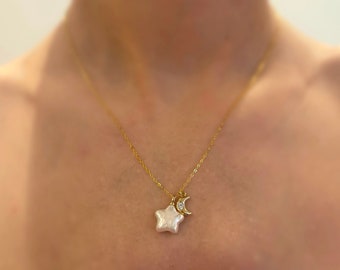 Star and moon pendant, Star pendant necklace, Pearl pendant necklace, Pearl pendant necklace gold, gold chocker, Dainty necklace