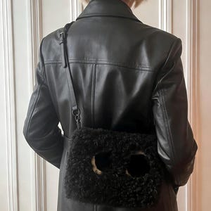 Scottish Shearling Crossbody Bag, One of a Kind Shearling Bag with playful Eye Detail, Handmade Crossbody & Shoulder Bag
