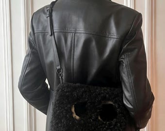 Scottish Shearling Crossbody Bag, One of a Kind Shearling Bag with playful Eye Detail, Handmade Crossbody & Shoulder Bag