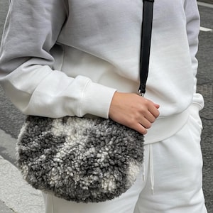 Half Moon Shearling Crossbody Bag, Teddy Curl Fur Bag, Rare Undyed Sheepskin Bag, Handmade Leather Strap Bag