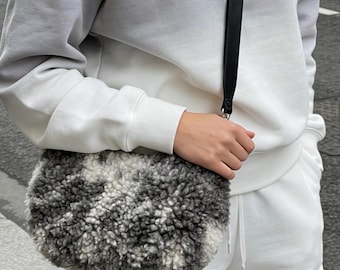 Half Moon Shearling Crossbody Bag, Teddy Curl Fur Bag, Rare Undyed Sheepskin Bag, Handmade Leather Strap Bag
