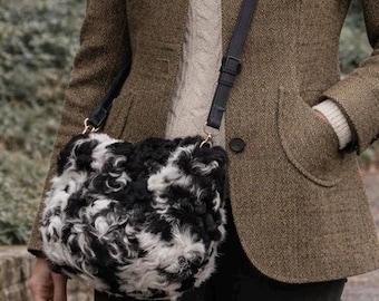 Shearling Bag, One of a Kind Lamb Fur Shoulder Bag, Handmade Leather Handbag with Adjustable Strap, Crossbody Bag