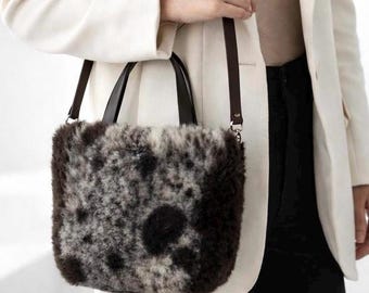 Shearling Tote Bag, Fur Tote, Handmade Leather Trim Bag, Crossbody Shoulder Bag, One of a Kind Tote