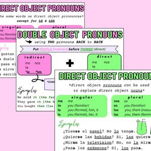 May include: Educational posters on a pink background, detailing Spanish grammar concepts. The posters cover indirect and direct object pronouns, with examples and explanations. The text is in various colors, including pink, green, and purple.