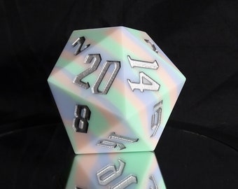 Limited Edition! Giant Bouncy Pastel Silver Rainbow Swirl D20 | Giant Premium Silicone Dungeons and Dragons (DND) 55mm Dice Fidget Toy