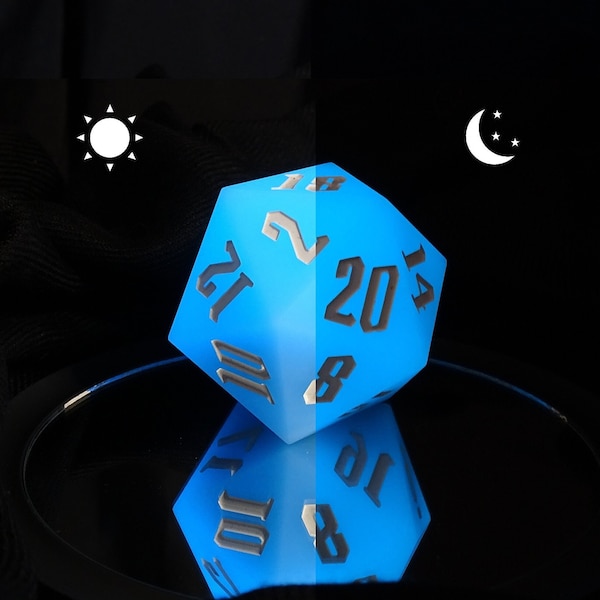 Giant Bouncy Blue Glowing D20 | Jumbo Silicone DND Dice | Dungeons and Dragons 55mm D20 | Large Glowing Chonk DND Polyhedral Dice Fidget Toy