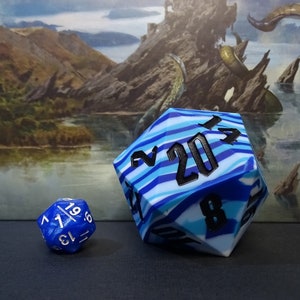 NEW Gigantic Bouncy Deep Ocean Swirl Silicone Chonk D20! Jumbo Blue Silicone 55mm Dungeons and Dragons (DnD) Semi Squishy Dice Fidget Toy!