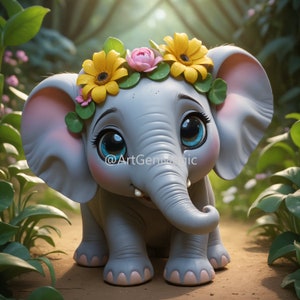 Baby Elephant with Flowers -  Digital Art, AI Generated, Wall Art, Wall Decor, Digital Download, Printable Poster Image Stock photo PNG