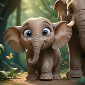 Baby Elephant and Mom - Digital Art, AI Generated, Wall Art, Wall Decor, Digital Download, Printable Poster Image Stock photo PNG