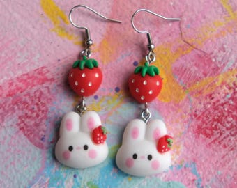 Bunny Strawberry Heads Earrings | strawberries fruit food | love berries long rabbit | dangle hypoallergenic