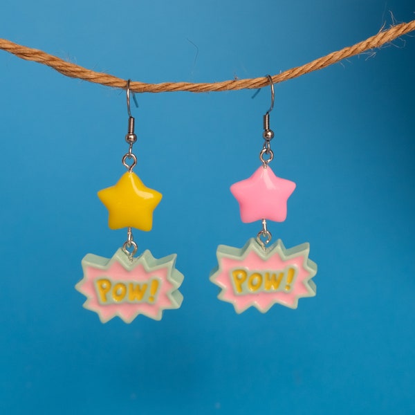 POW! Star Earrings | Comic Pink Yellow | Dangle Retro | novelty quirky Pop Art