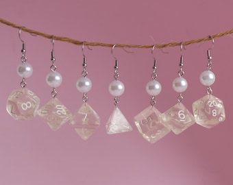 Clear & White Swirl RPG dice earrings  - D4 D6 D8 D10 D12 D20 D100 | RPG Game resin marbled gift nerd