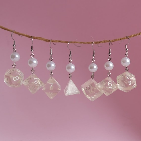 Clear & White Swirl RPG dice earrings  - D4 D6 D8 D10 D12 D20 D100 | RPG Game resin marbled gift nerd