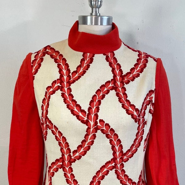 Vintage 1960s FRANCESCA BY DAMON Red and Cream GoGo Mini Dress / Tunic Ossie Clark style sleeves