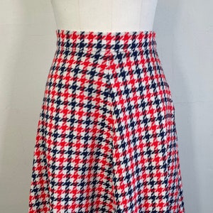Vintage 1970s Handmade Red White and Blue Houndstooth High Waisted A-line Wool Skirt