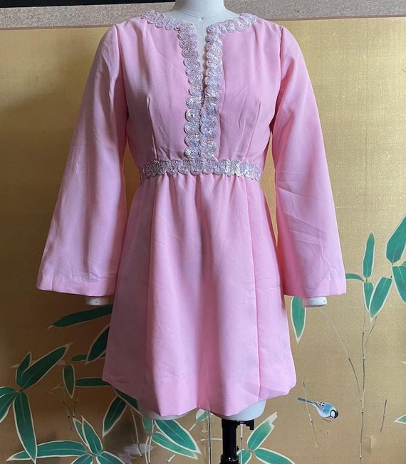 Vintage 1960s Pastel Pink Mini Babydoll Dress With Beaded Detail