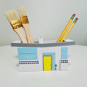 Mid-Century Modern House Handpainted Pen Holder Desk Organizer Modern Door Bullet Planter Unique Office Decor MCM Mid Mod Retro 1950s 1960s