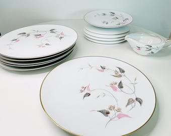 1950s Vintage Noritake Arden Dinner Plate Set Japan Pink and Gray Mid Century Modern