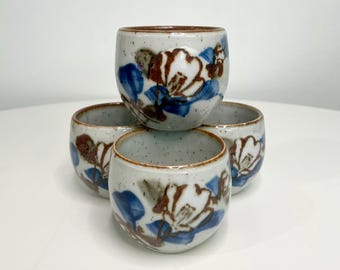 1970s Vintage Japanese Stoneware Blue and Brown Glazed Tea Cups Set Of 4 Sake/Tea